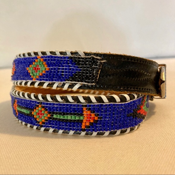Vintage Accessories - Vintage Leather Multicolor Beaded Belt, Sz M
